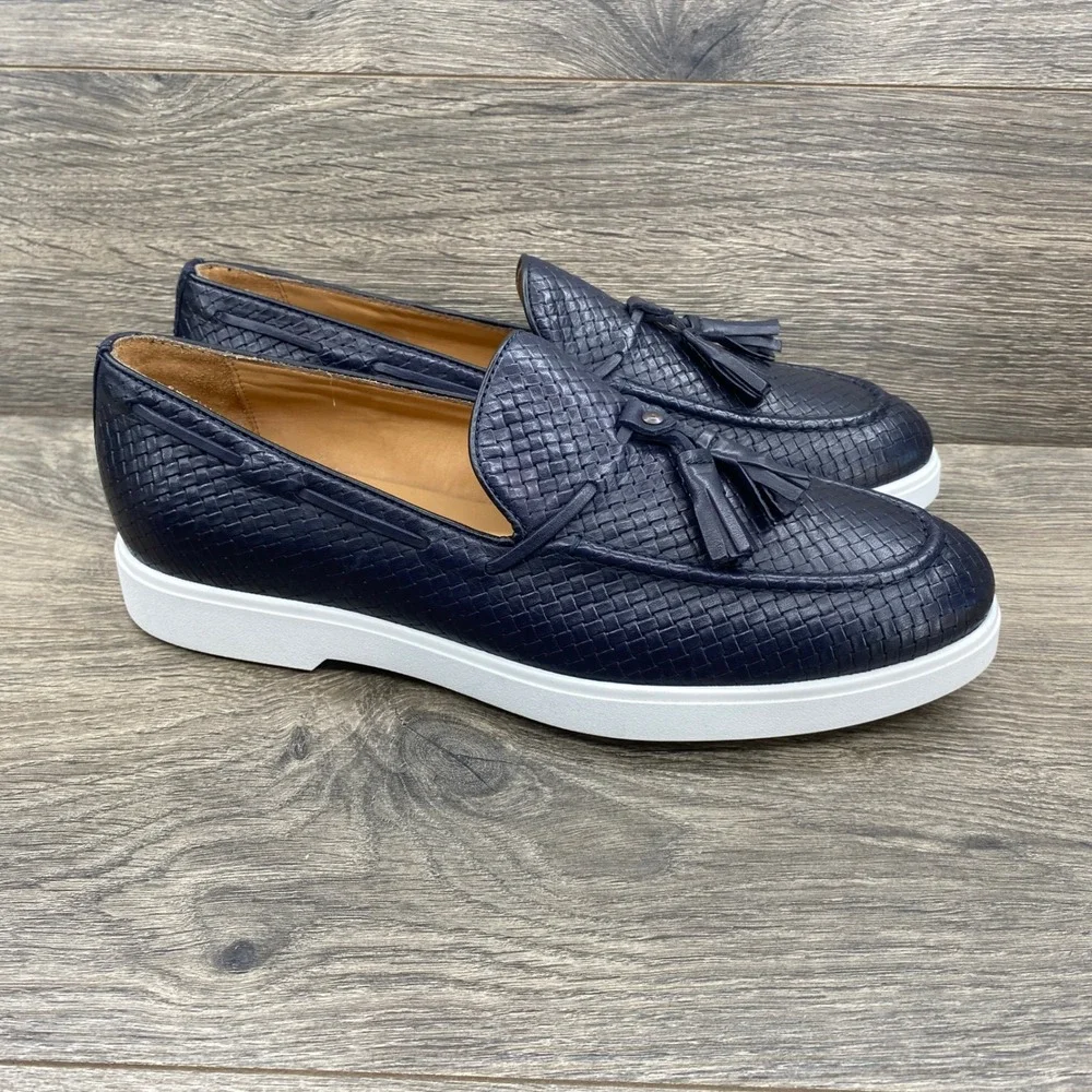 Soldini Woven Leather Tassel Loafers Mens 42 Navy Blue Made in Italy 22306-2-VF1